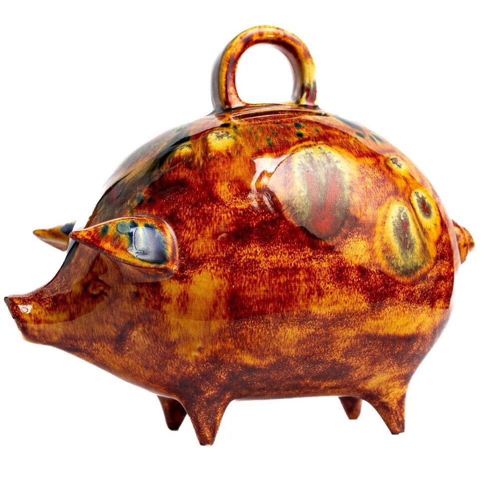 Vintage Handcrafted Ceramic Piggy Bank With Handle and Abstract Glaze Design